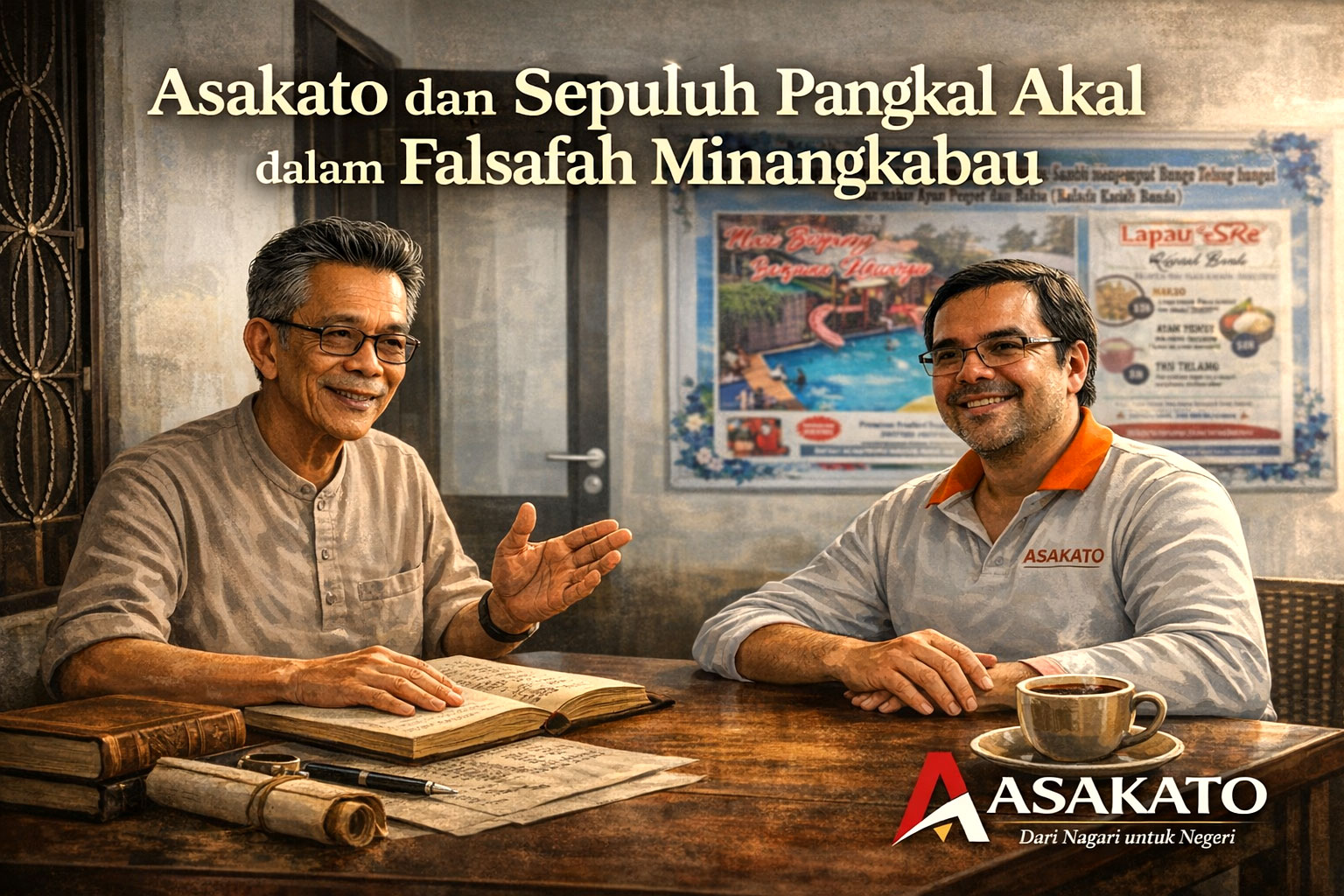 Budi Mulya dan Saiful Guci berdiskusi tentang Asakato dan sepuluh pangkal akal dalam adat Minangkabau