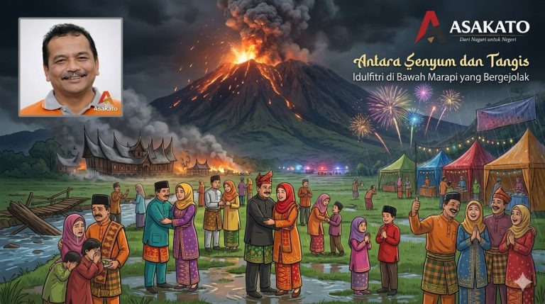 Ilustrasi dramatis malam Idulfitri di kaki Gunung Marapi, Sumatera Barat, yang sedang erupsi hebat. Langit gelap dipenuhi asap erupsi oranye intens dan kembang api warna-warni. Di latar depan, terlihat kontras emosional: sekelompok masyarakat Minangkabau berpakaian adat Kurung dan Songket motif Pucuk Rebung tersenyum gembira merayakan lebaran, sementara di sisi lain, seorang ibu memeluk anaknya yang menangis ketakutan menatap erupsi. Area lapangan becek dan tergenang banjir. Rumah Gadang bagonjong terlihat di kejauhan. Logo Asakato di sudut kanan bawah, dan foto penulis Drs. Andriwifa, M.Si, di sudut kiri atas. Visual ini mengingatkan akan tanda kasih sayang Allah melalui alam agar manusia kembali mengingat-Nya