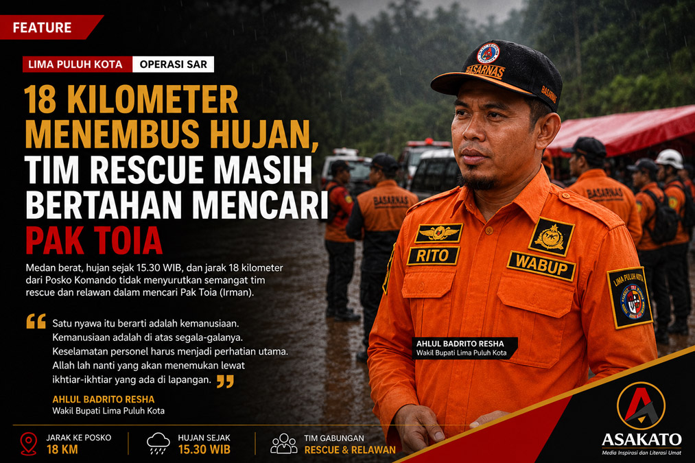 Tim rescue dan relawan mencari Pak Toia di tengah hujan di Lima Puluh Kota