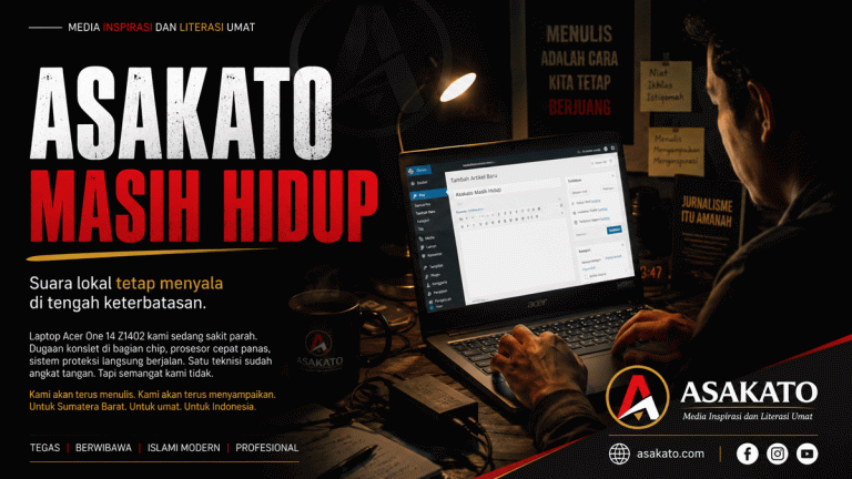 Visual editorial Asakato bertema perjuangan media lokal dengan suasana malam, laptop Acer One 14 Z1402, headline “Asakato Masih Hidup”, dan nuansa merah hitam emas khas Asakato.