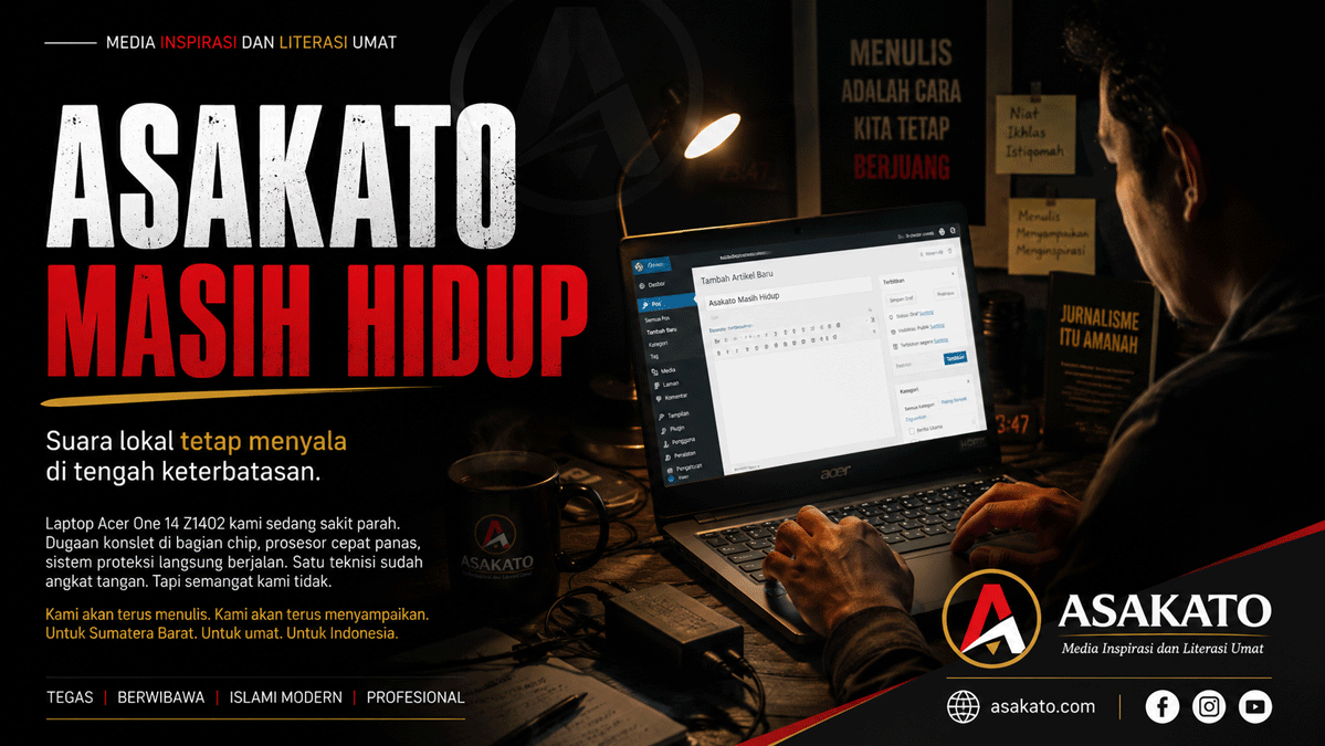 Visual editorial Asakato bertema perjuangan media lokal dengan suasana malam, laptop Acer One 14 Z1402, headline “Asakato Masih Hidup”, dan nuansa merah hitam emas khas Asakato.