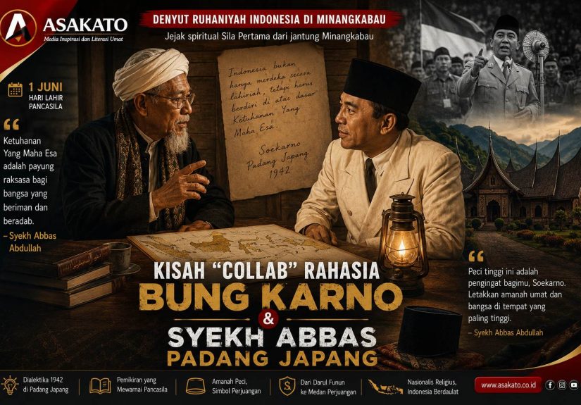 Ilustrasi Bung Karno dan Syekh Abbas Padang Japang berdiskusi tentang dasar spiritual bangsa Indonesia di Minangkabau menjelang lahirnya Pancasila.