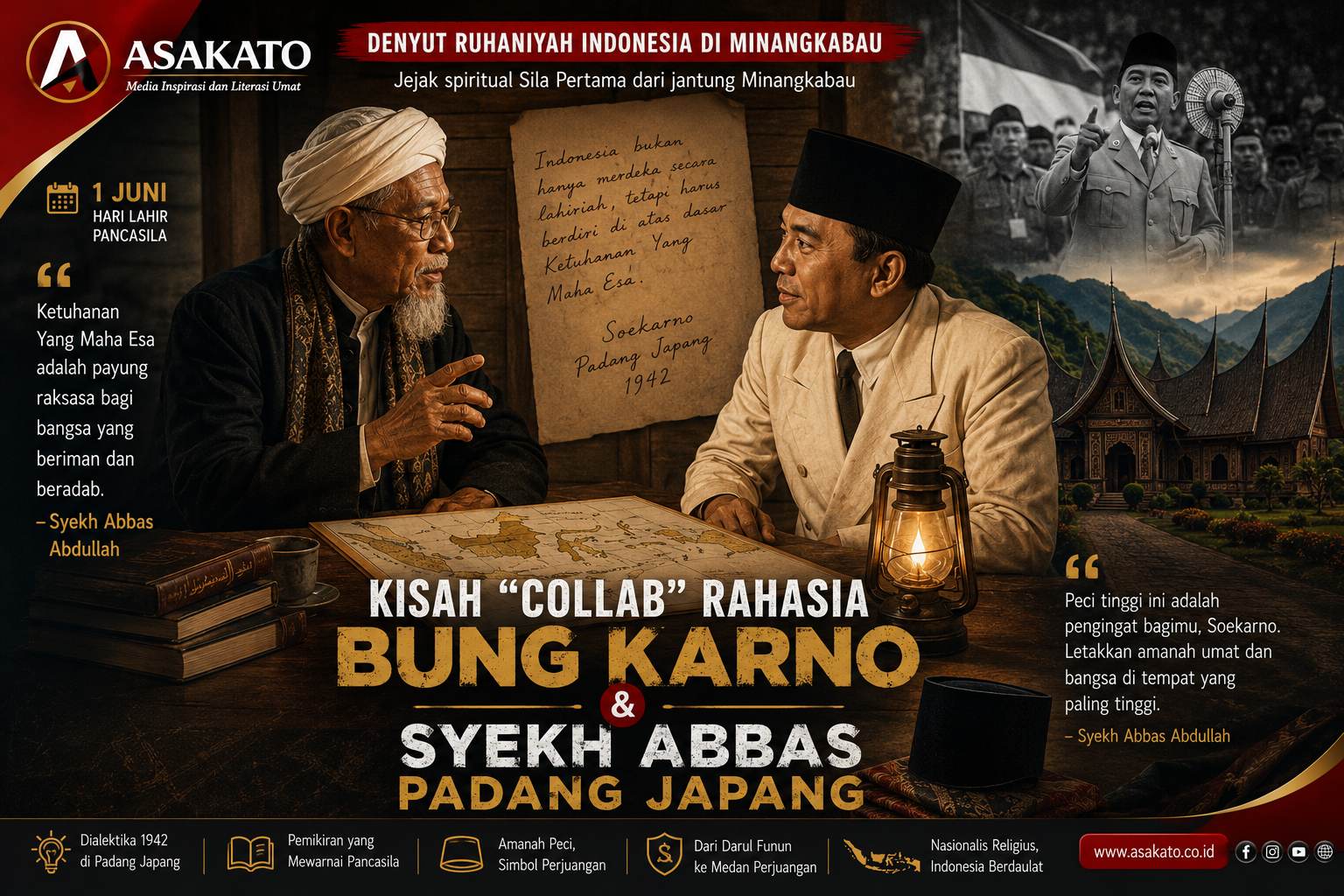 Ilustrasi Bung Karno dan Syekh Abbas Padang Japang berdiskusi tentang dasar spiritual bangsa Indonesia di Minangkabau menjelang lahirnya Pancasila.