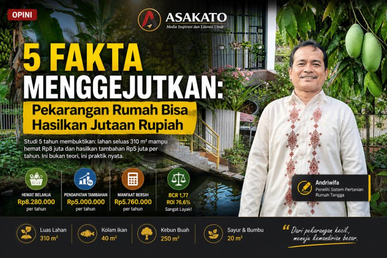 Pekarangan rumah produktif dengan tanaman buah, kolam ikan, dan kebun sayur yang menghasilkan jutaan rupiah per tahun