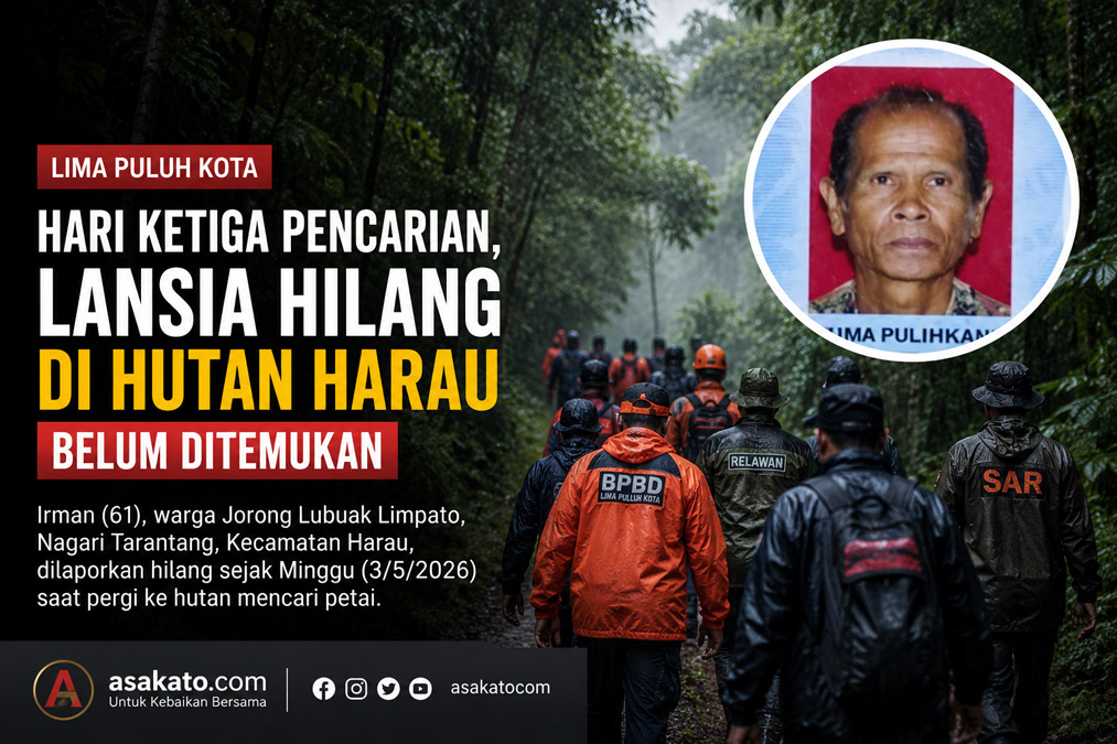 Tim gabungan melakukan pencarian Irman atau Pak Toia yang hilang di kawasan hutan Lembah Harau Kabupaten Lima Puluh Kota.