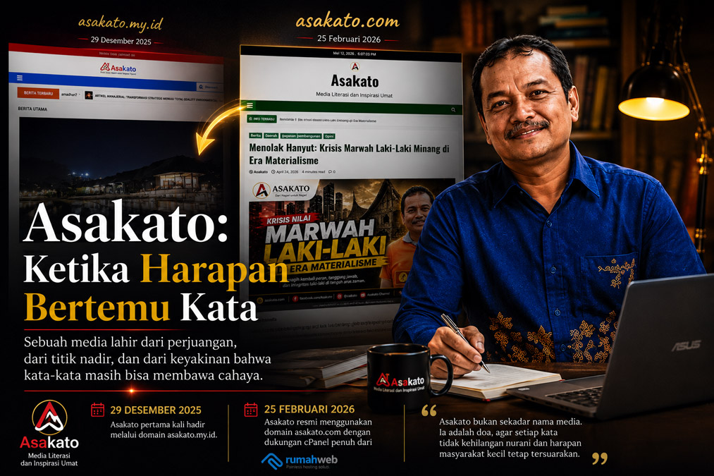 Visual sejarah lahirnya Asakato Media dari asakato.my.id hingga asakato.com