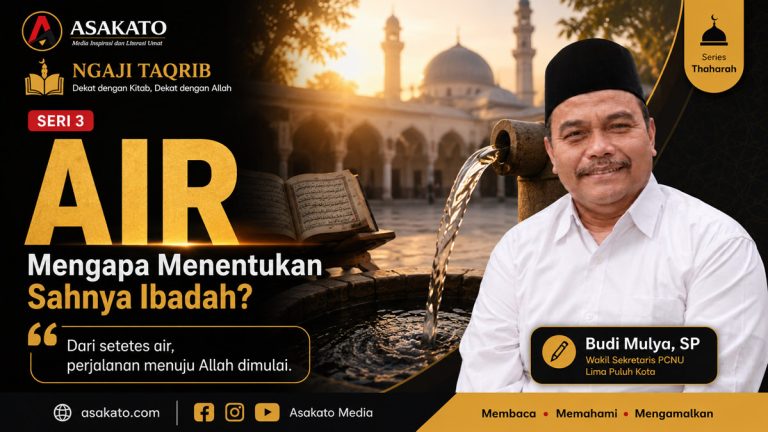 Ngaji Taqrib Seri 03 tentang jenis air untuk bersuci menurut Matan Taqrib dengan ilustrasi air wudhu dan masjid.