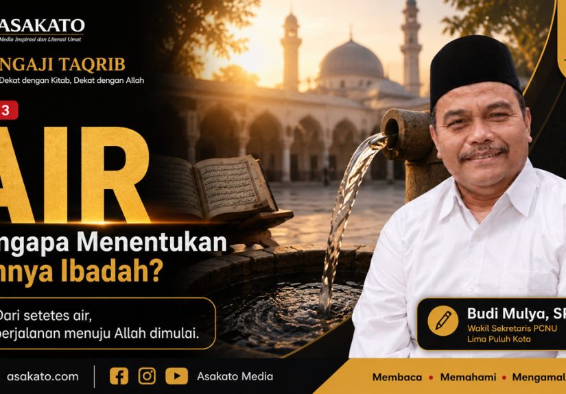 Ngaji Taqrib Seri 03 tentang jenis air untuk bersuci menurut Matan Taqrib dengan ilustrasi air wudhu dan masjid.
