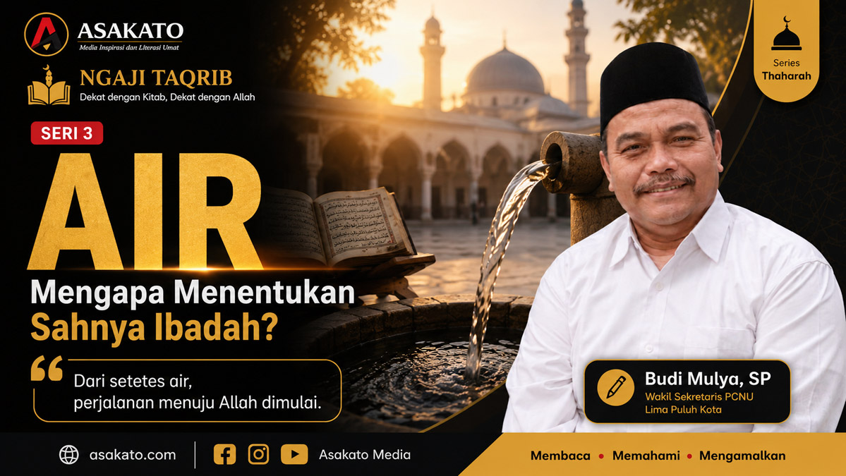 Ngaji Taqrib Seri 03 tentang jenis air untuk bersuci menurut Matan Taqrib dengan ilustrasi air wudhu dan masjid.