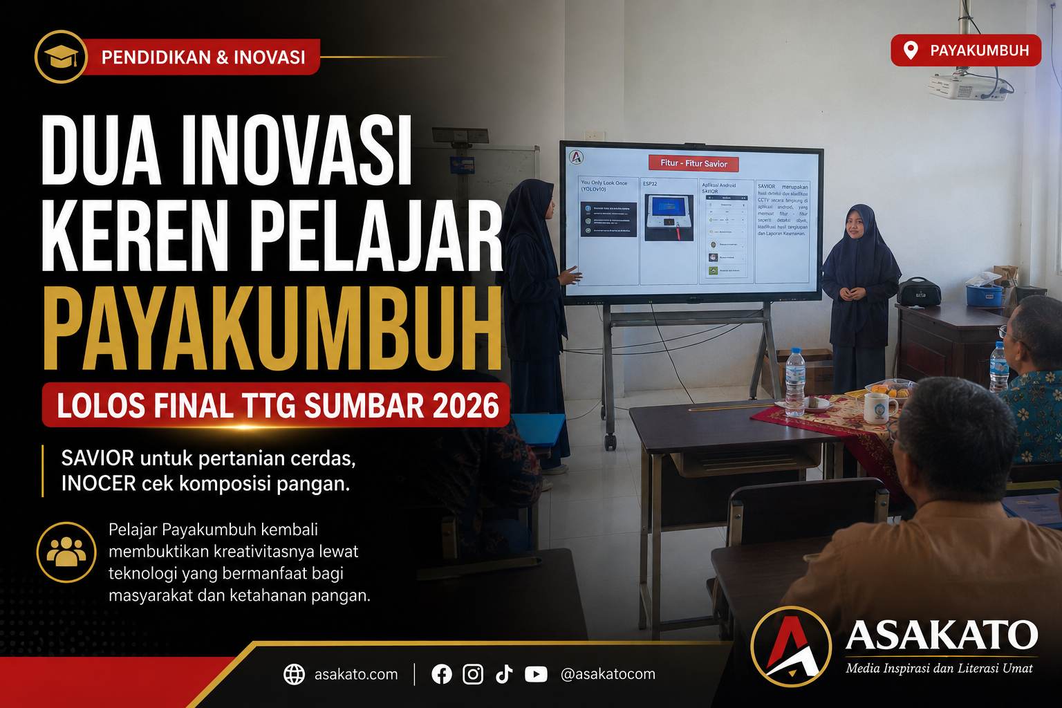 Pelajar Payakumbuh mempresentasikan inovasi SAVIOR dan INOCER pada penilaian Kompetisi Teknologi Tepat Guna Sumbar 2026.
