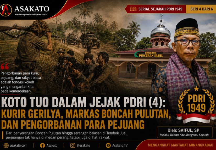 Ilustrasi Jejak PDRI 1949 di Koto Tuo menampilkan Mushalla Pincuran Sabil, Tugu Balai Gadang, dan kisah kurir gerilya serta perjuangan rakyat melawan Belanda.