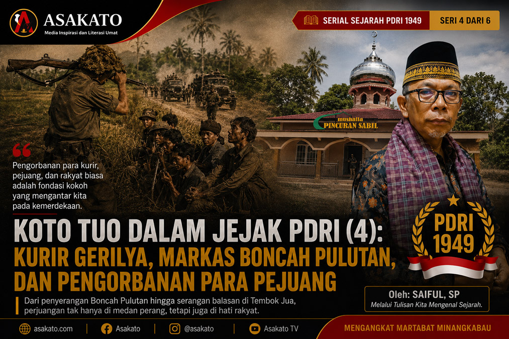 Ilustrasi Jejak PDRI 1949 di Koto Tuo menampilkan Mushalla Pincuran Sabil, Tugu Balai Gadang, dan kisah kurir gerilya serta perjuangan rakyat melawan Belanda.