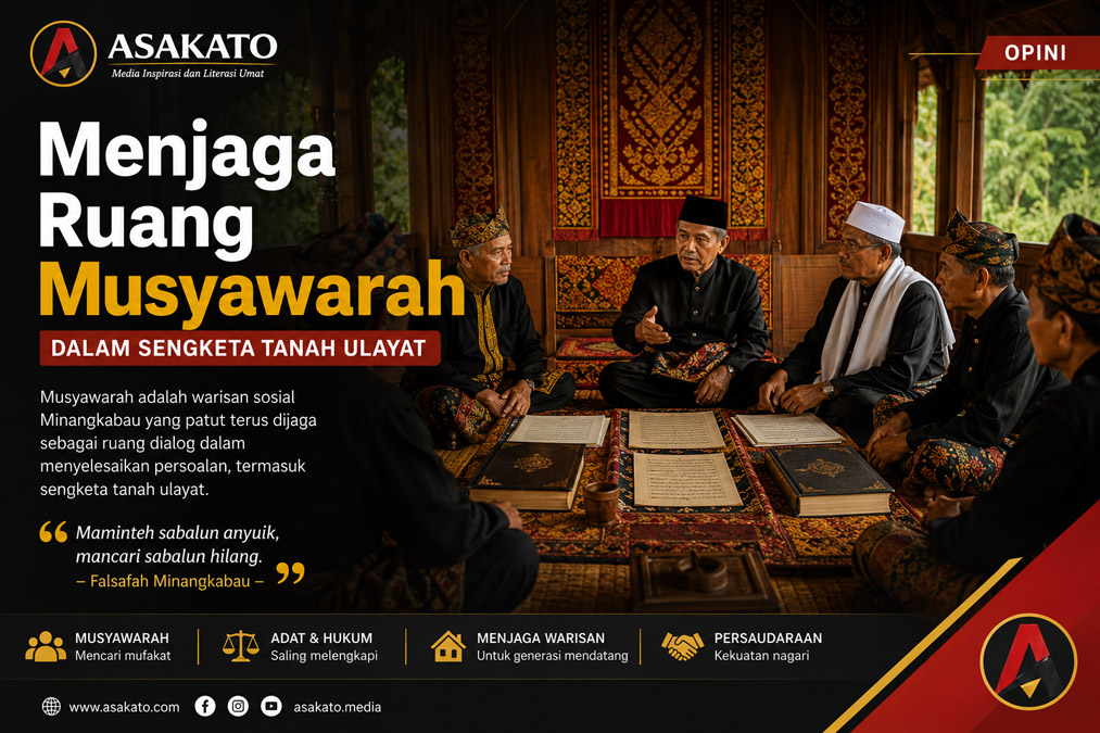 Musyawarah niniak mamak di balai adat Minangkabau membahas penyelesaian sengketa tanah ulayat