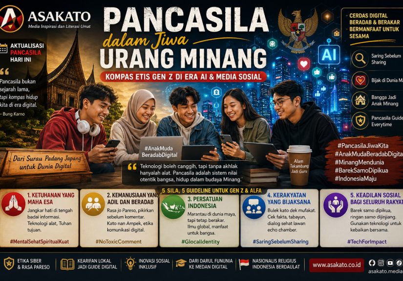 Ilustrasi generasi muda Minangkabau menggunakan teknologi digital dengan nilai Pancasila sebagai kompas etis di era AI dan media sosial.