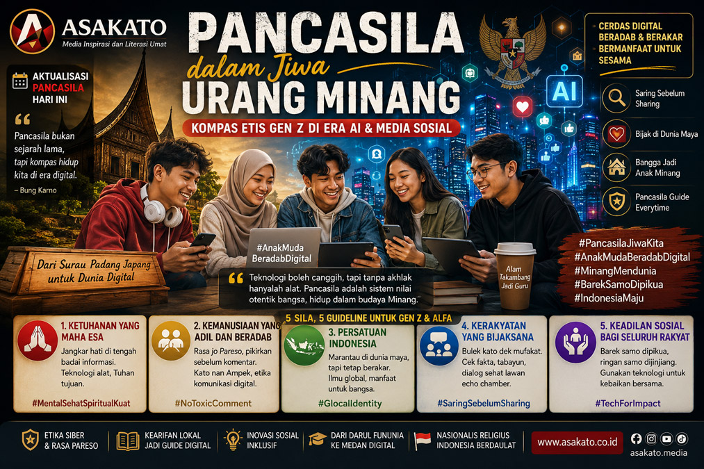 Ilustrasi generasi muda Minangkabau menggunakan teknologi digital dengan nilai Pancasila sebagai kompas etis di era AI dan media sosial.