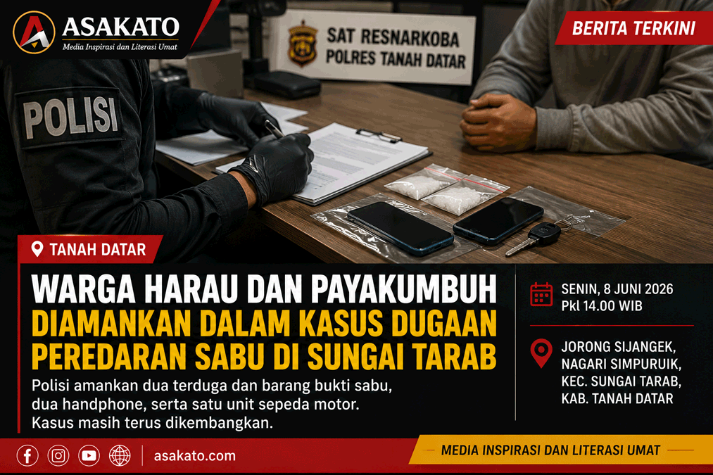 Ilustrasi pemeriksaan dua terduga dalam kasus dugaan peredaran sabu di Sungai Tarab, Tanah Datar, dengan barang bukti di atas meja penyidik.