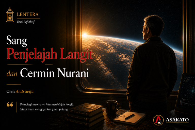 Sang Penjelajah Langit dan Cermin Nurani, ilustrasi seorang ilmuwan memandang bumi dari jendela observatorium sebagai simbol refleksi tentang ilmu, adab, dan iman.