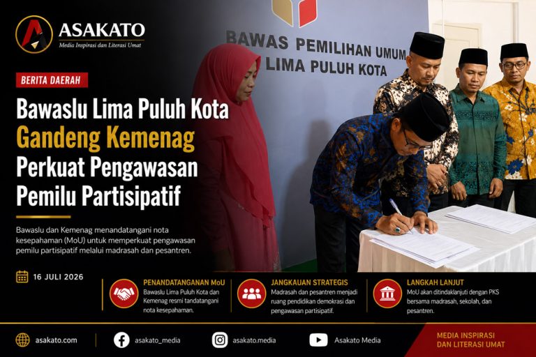 Penandatanganan nota kesepahaman antara Bawaslu Kabupaten Lima Puluh Kota dan Kementerian Agama Kabupaten Lima Puluh Kota untuk memperkuat pengawasan pemilu partisipatif di Aula Bawaslu, Kamis (16/7/2026).