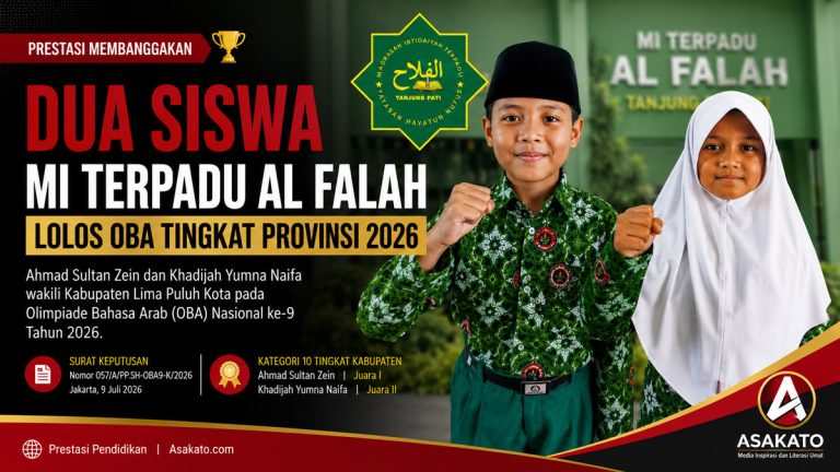 Ahmad Sultan Zein dan Khadijah Yumna Naifa, siswa MI Terpadu Al Falah Tanjung Pati, lolos Olimpiade Bahasa Arab tingkat Provinsi 2026.