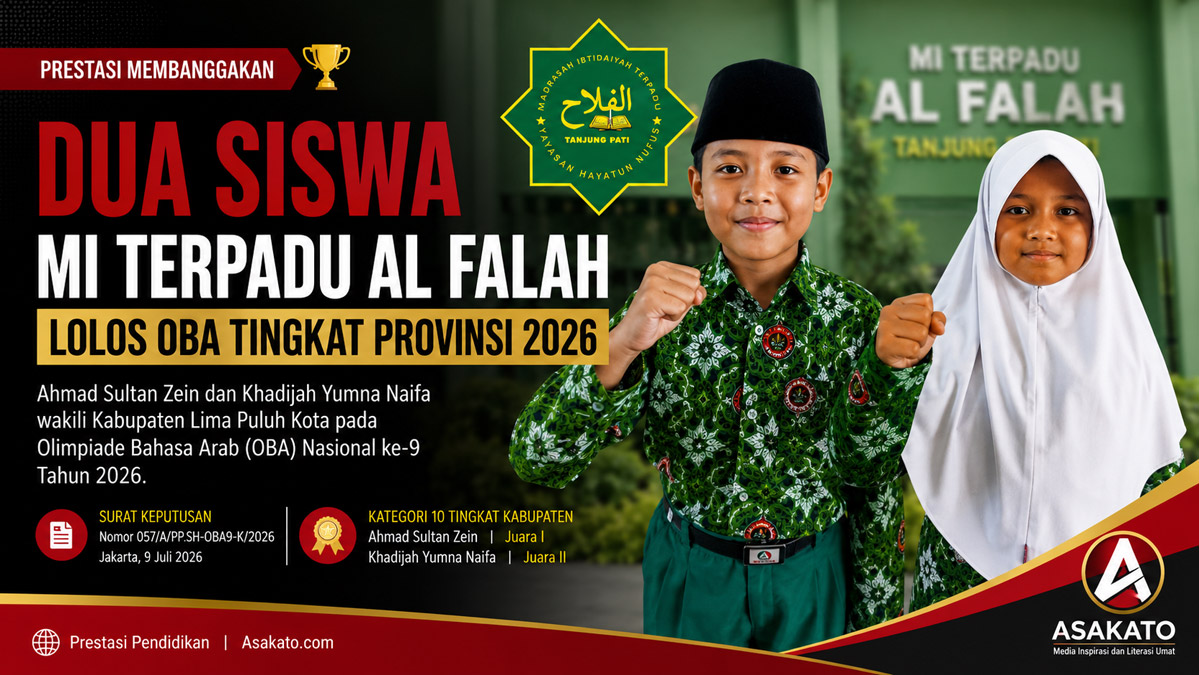 Ahmad Sultan Zein dan Khadijah Yumna Naifa, siswa MI Terpadu Al Falah Tanjung Pati, lolos Olimpiade Bahasa Arab tingkat Provinsi 2026.