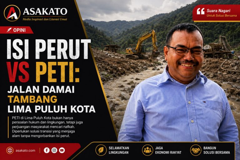 Ilustrasi artikel opini "Isi Perut vs PETI: Jalan Damai Tambang Lima Puluh Kota" karya Budi Mulya, SP di Asakato.com.