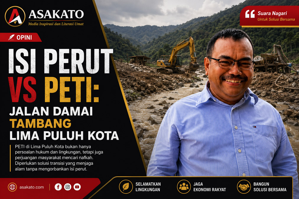 Ilustrasi artikel opini "Isi Perut vs PETI: Jalan Damai Tambang Lima Puluh Kota" karya Budi Mulya, SP di Asakato.com.