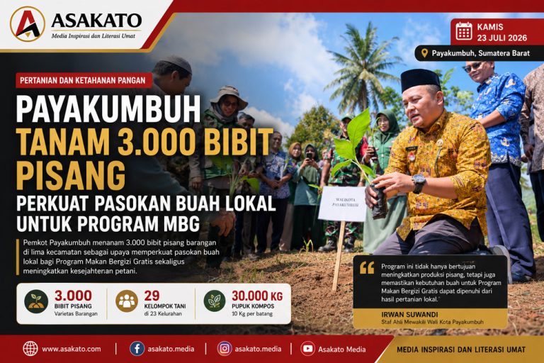 Staf Ahli Pemerintah Kota Payakumbuh menyerahkan bibit pisang barangan saat peluncuran Gerakan Tanam Pisang Serentak di Gapoktan Talang Saiyo, Kamis (23/07/2026).