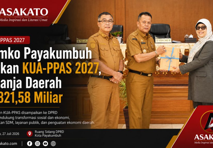 Wakil Wali Kota Payakumbuh Elzadaswarman menyerahkan dokumen Rancangan KUA-PPAS Tahun Anggaran 2027 kepada DPRD Kota Payakumbuh dalam rapat paripurna, Senin (27/07/2026).