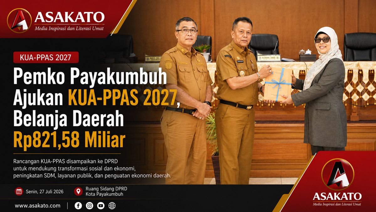 Wakil Wali Kota Payakumbuh Elzadaswarman menyerahkan dokumen Rancangan KUA-PPAS Tahun Anggaran 2027 kepada DPRD Kota Payakumbuh dalam rapat paripurna, Senin (27/07/2026).